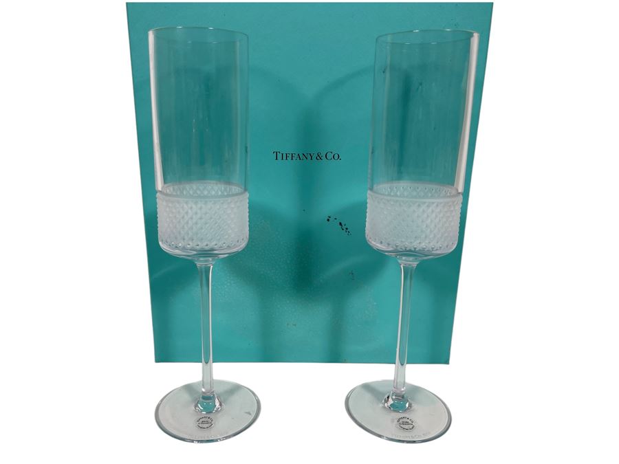 Pair Of Tiffany & Co Crystal Champagne Glasses With Original Box 10H