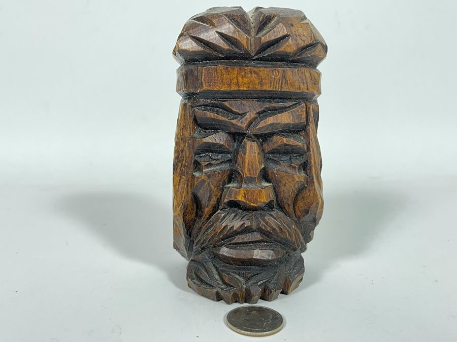 Small Hand Carved Wooden Face Sculpture 5H [Photo 3]