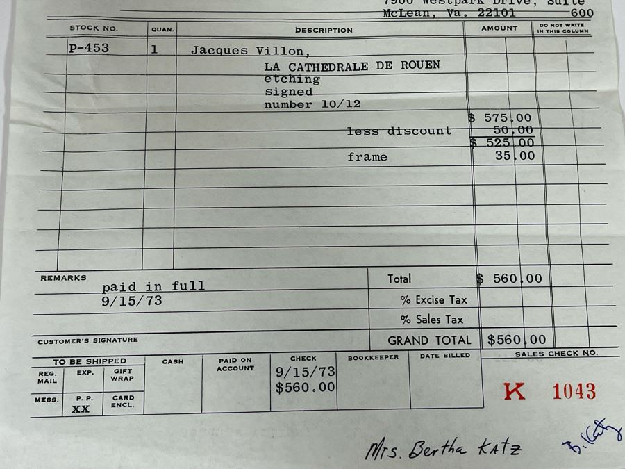 Jacques Villon (1875-1963) 1948 Limited Edition Cubism Etching Titled 'La Cathedrale De Rouen' 10 Of 12 Hand Signed Purchased In 1973 At M. Knoedler & Co New York, NY Framed 15.5 X 20.5 [Photo 16]