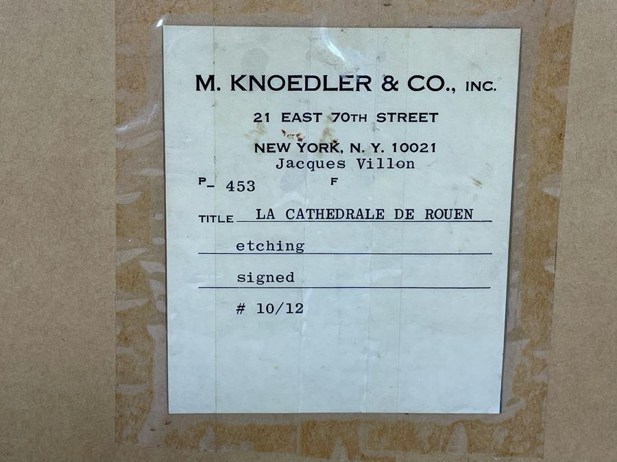 Jacques Villon (1875-1963) 1948 Limited Edition Cubism Etching Titled 'La Cathedrale De Rouen' 10 Of 12 Hand Signed Purchased In 1973 At M. Knoedler & Co New York, NY Framed 15.5 X 20.5 [Photo 18]