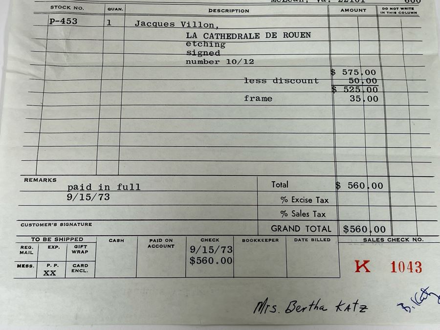 Jacques Villon (1875-1963) 1948 Limited Edition Cubism Etching Titled 'La Cathedrale De Rouen' 10 Of 12 Hand Signed Purchased In 1973 At M. Knoedler & Co New York, NY Framed 15.5 X 20.5 [Photo 15]