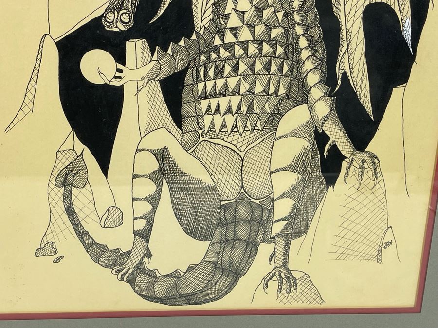 Original Ink Drawing Of Dragon Framed Frame Measures 19 X 23 [Photo 5]