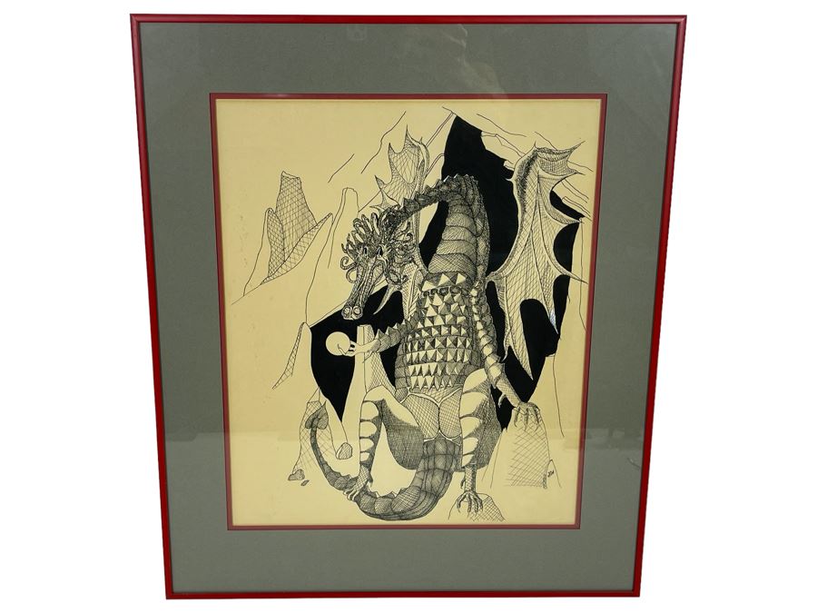 Original Ink Drawing Of Dragon Framed Frame Measures 19 X 23 [Photo 1]