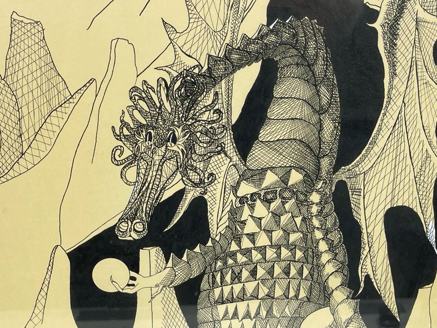 Original Ink Drawing Of Dragon Framed Frame Measures 19 X 23 [Photo 4]