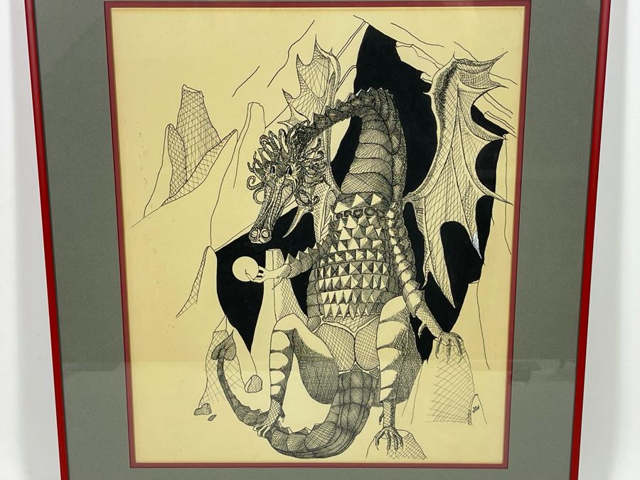 Original Ink Drawing Of Dragon Framed Frame Measures 19 X 23 [Photo 3]