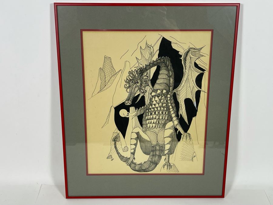 Original Ink Drawing Of Dragon Framed Frame Measures 19 X 23 [Photo 2]