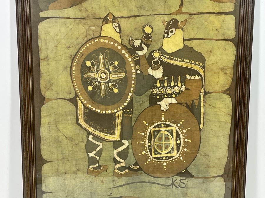 Vintage 1970s Original Icelandic Batik Painting Framed Signed KS 25.5 X 34 [Photo 2]