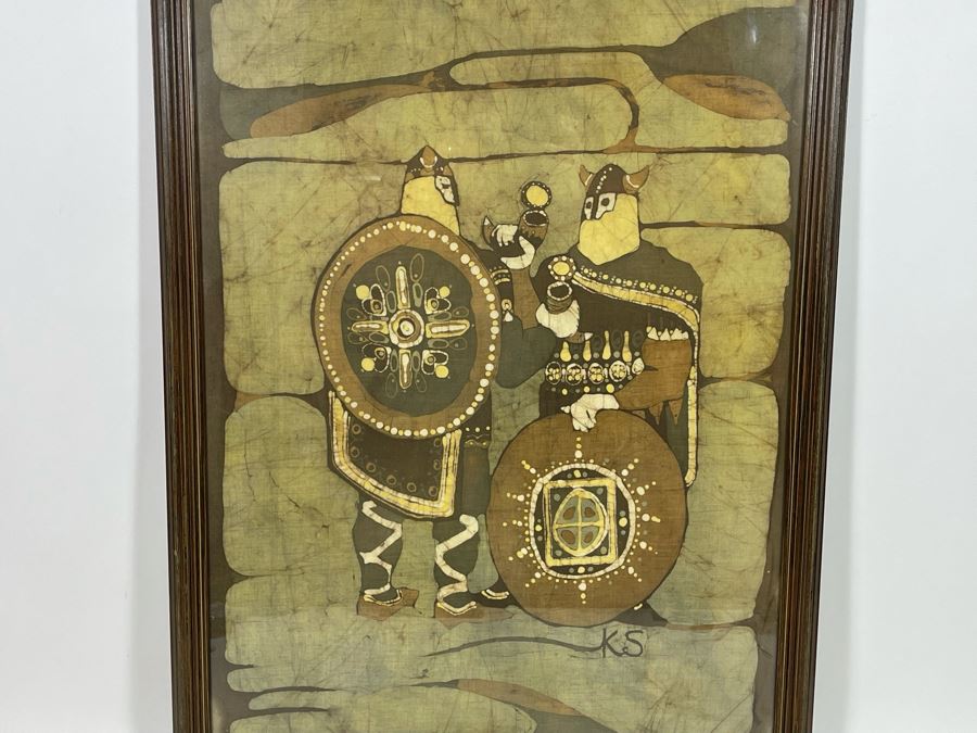 Vintage 1970s Original Icelandic Batik Painting Framed Signed KS 25.5 X 34 [Photo 3]