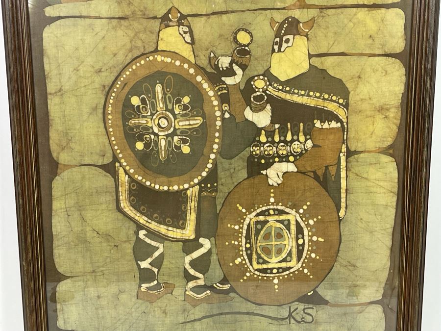 Vintage 1970s Original Icelandic Batik Painting Framed Signed KS 25.5 X 34 [Photo 4]