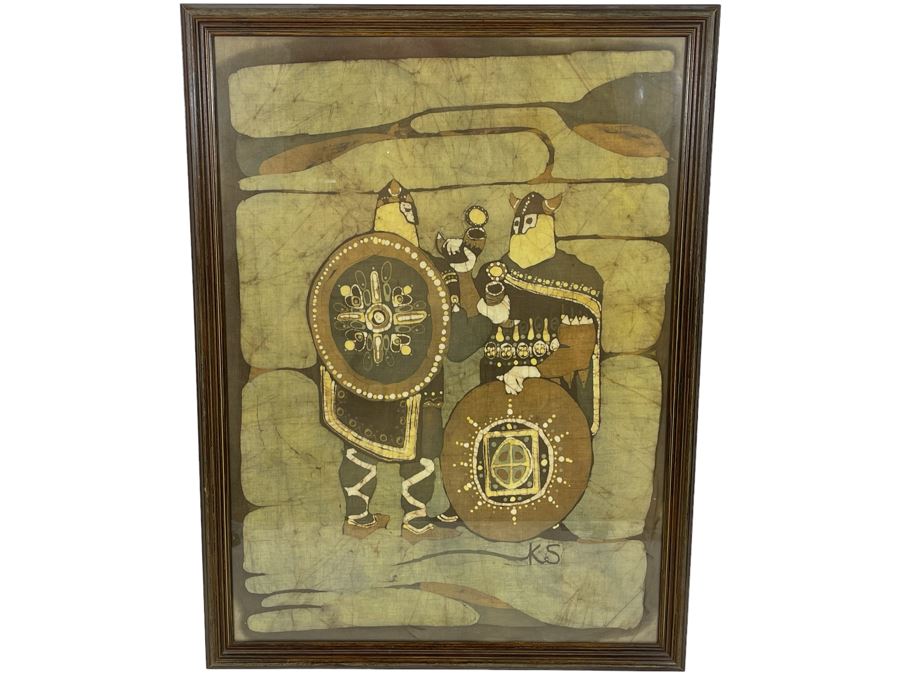 Vintage 1970s Original Icelandic Batik Painting Framed Signed KS 25.5 X 34