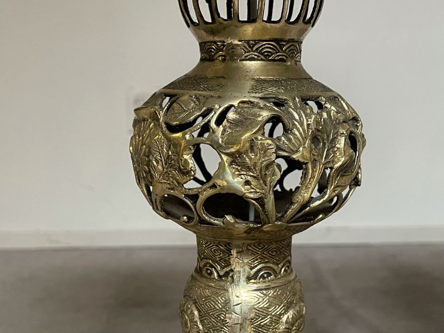 Pair Of Japanese Brass Lamps 39H With Matching Candle Holder 14H [Photo 11]