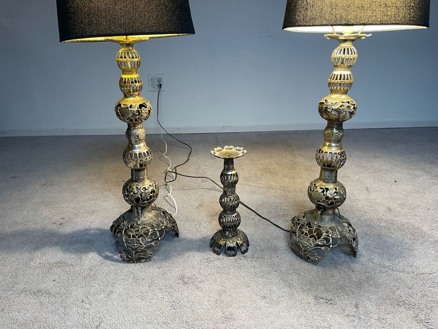 Pair Of Japanese Brass Lamps 39H With Matching Candle Holder 14H [Photo 15]