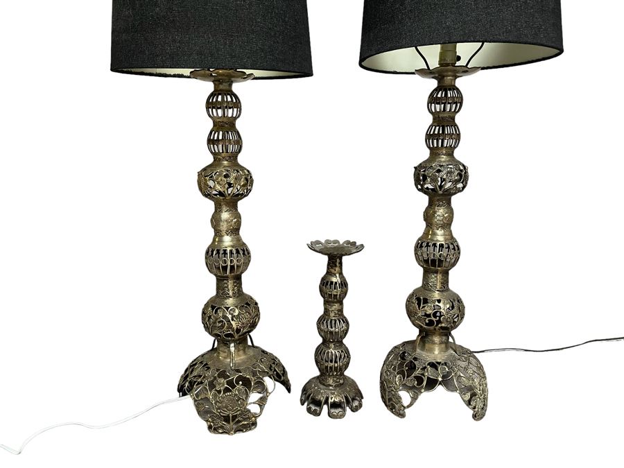 Pair Of Japanese Brass Lamps 39H With Matching Candle Holder 14H [Photo 2]