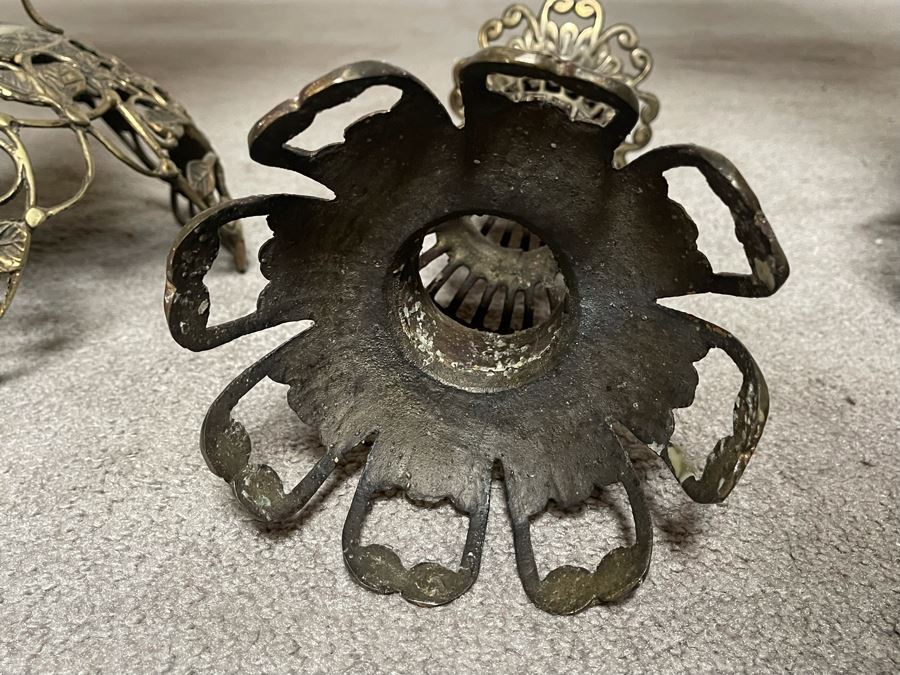 Pair Of Japanese Brass Lamps 39H With Matching Candle Holder 14H [Photo 14]