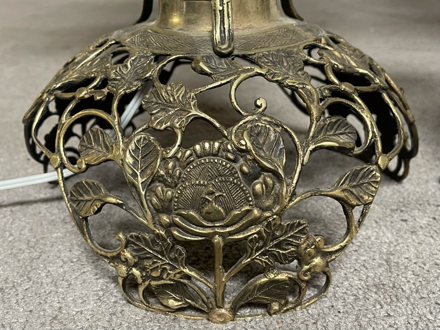 Pair Of Japanese Brass Lamps 39H With Matching Candle Holder 14H [Photo 7]