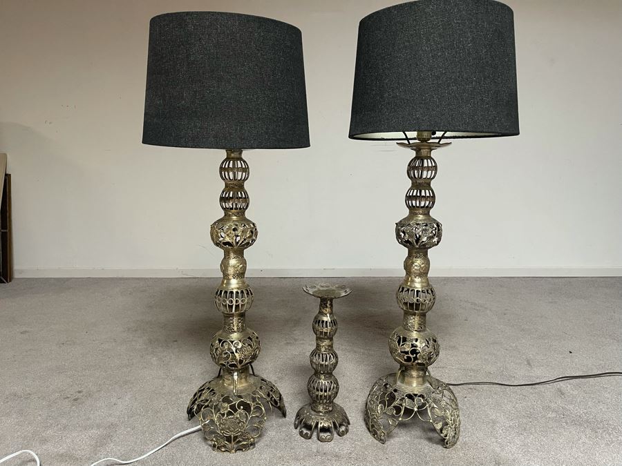 Pair Of Japanese Brass Lamps 39H With Matching Candle Holder 14H [Photo 6]
