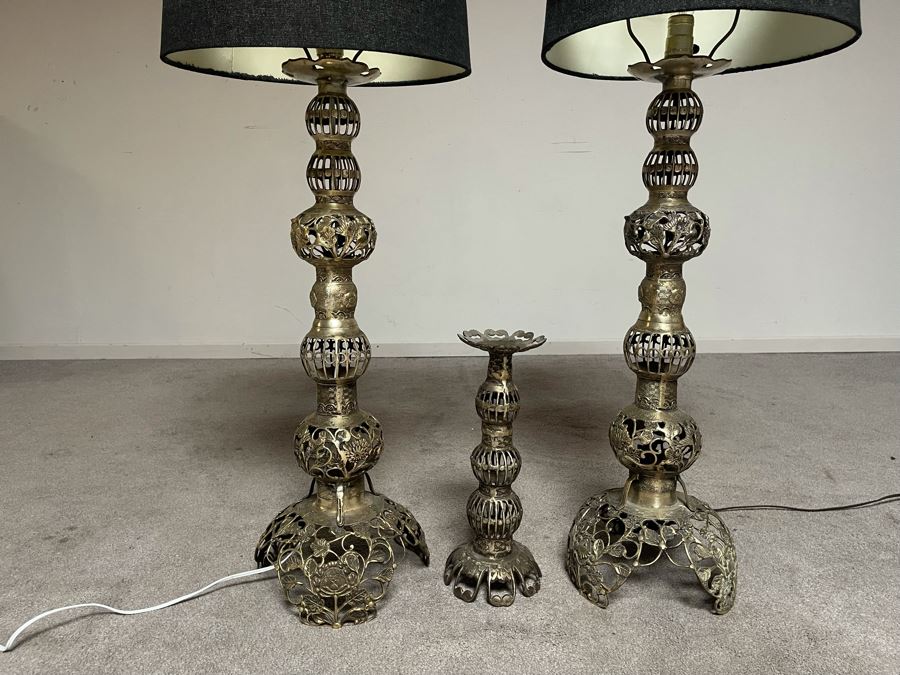 Pair Of Japanese Brass Lamps 39H With Matching Candle Holder 14H [Photo 5]