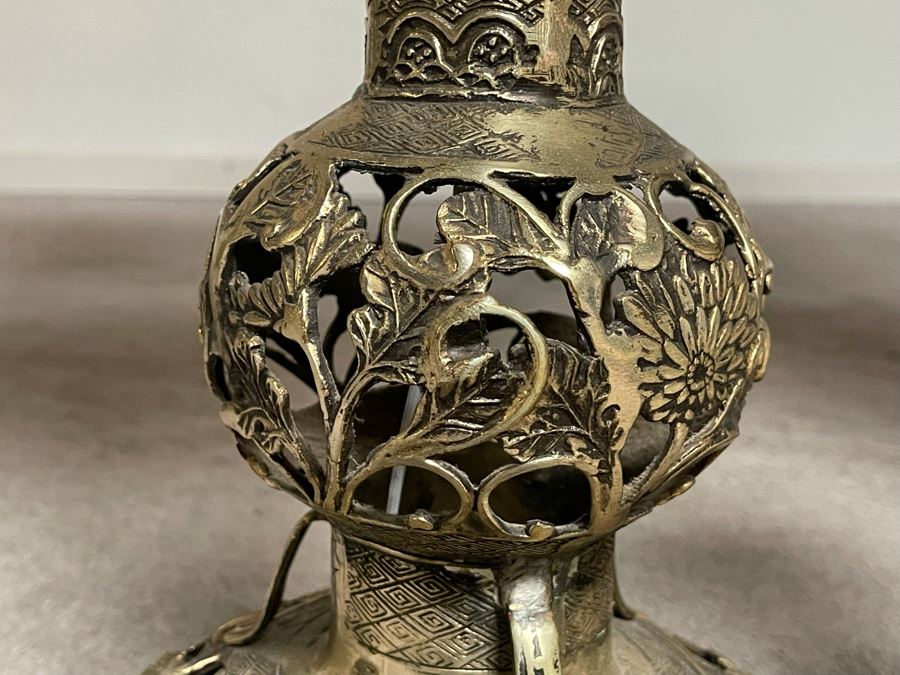 Pair Of Japanese Brass Lamps 39H With Matching Candle Holder 14H [Photo 9]