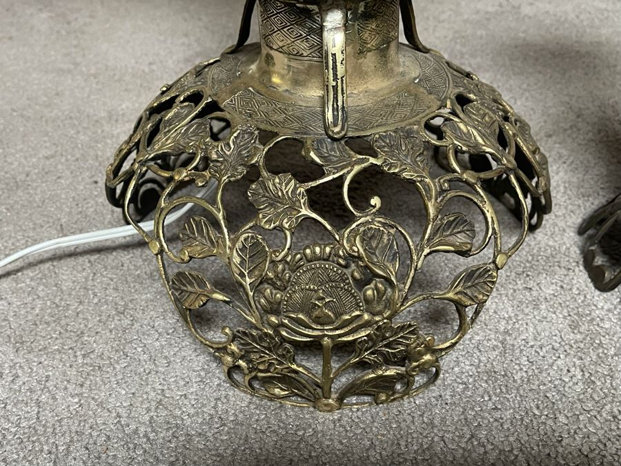 Pair Of Japanese Brass Lamps 39H With Matching Candle Holder 14H [Photo 8]