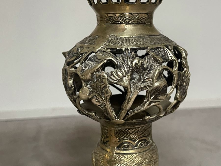 Pair Of Japanese Brass Lamps 39H With Matching Candle Holder 14H [Photo 12]