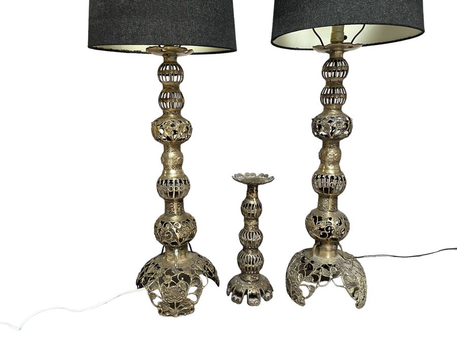 Pair Of Japanese Brass Lamps 39H With Matching Candle Holder 14H