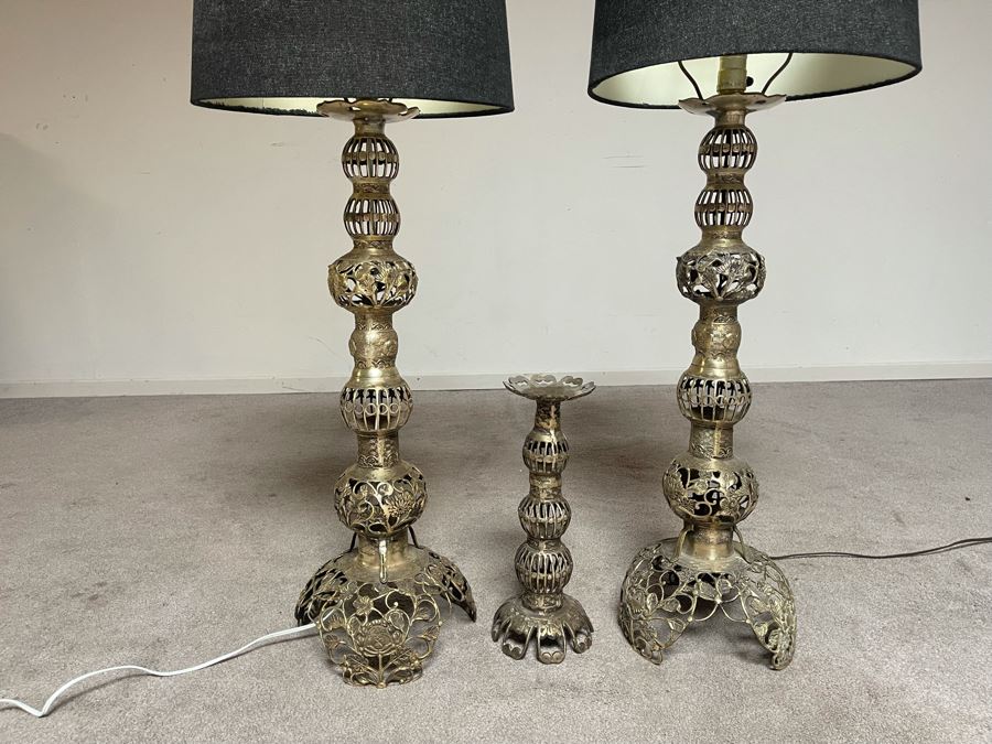 Pair Of Japanese Brass Lamps 39H With Matching Candle Holder 14H [Photo 4]