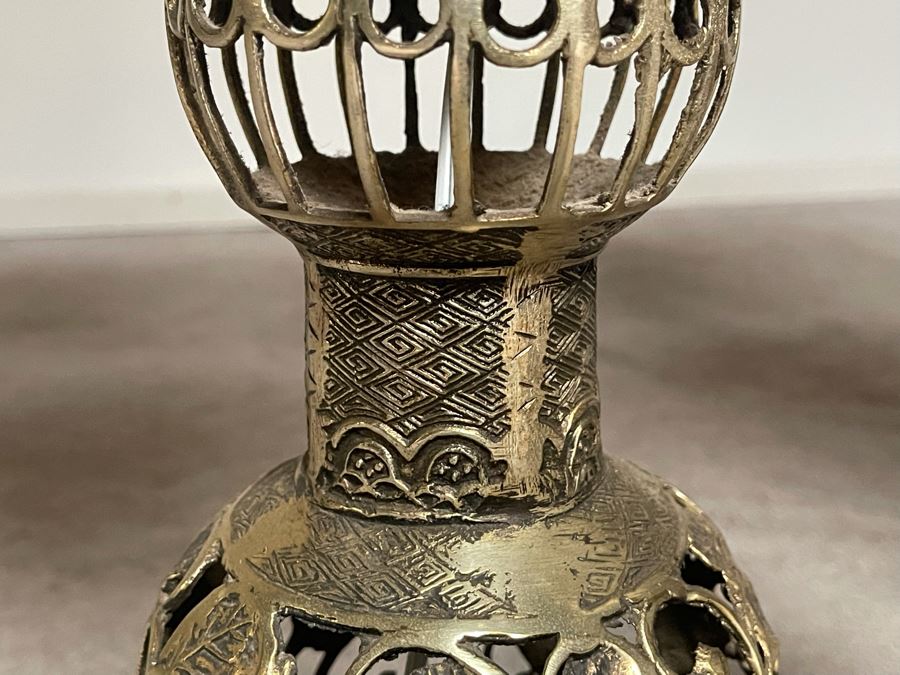 Pair Of Japanese Brass Lamps 39H With Matching Candle Holder 14H [Photo 10]