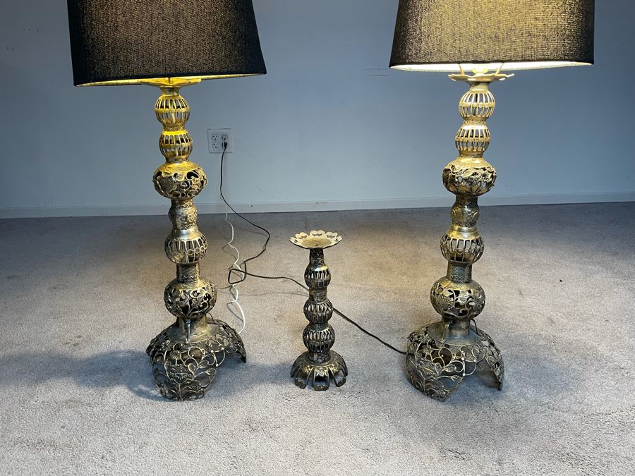 Pair Of Japanese Brass Lamps 39H With Matching Candle Holder 14H [Photo 16]