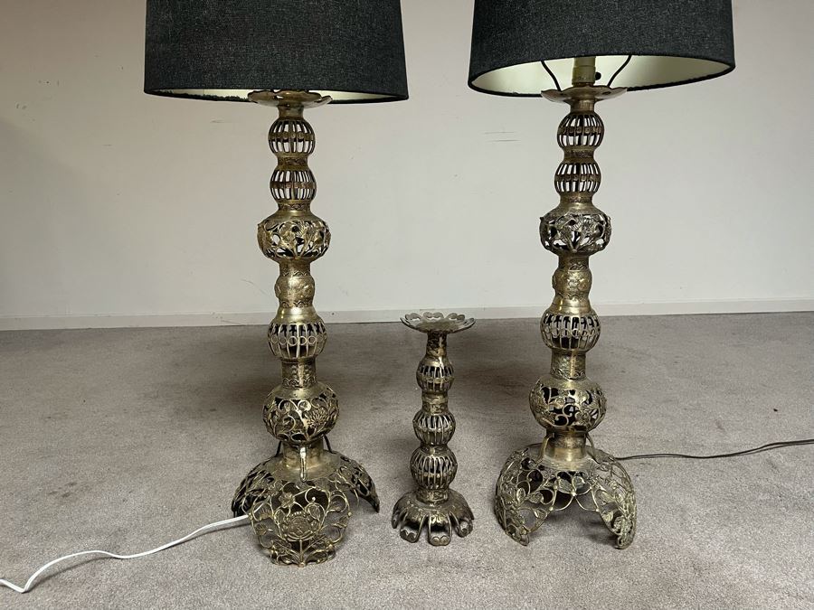 Pair Of Japanese Brass Lamps 39H With Matching Candle Holder 14H [Photo 3]