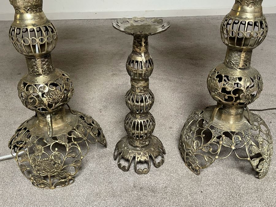 Pair Of Japanese Brass Lamps 39H With Matching Candle Holder 14H [Photo 13]