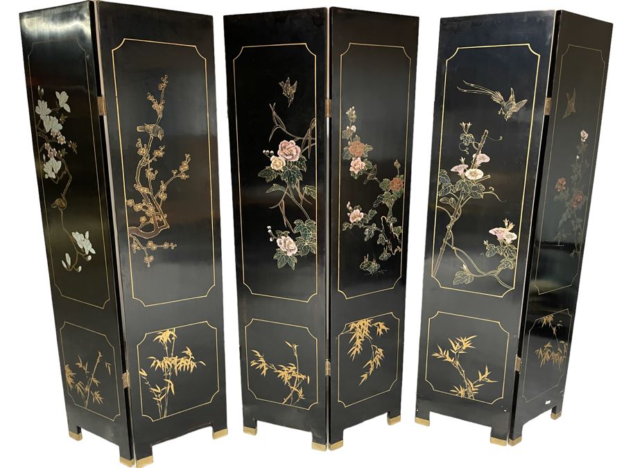 Chinese Mother Of Pearl Inlaid 6-Panel Room Divider Screens - Each Panel Measures 16W X 72H [Photo 2]