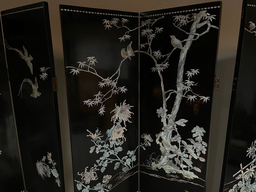 Chinese Mother Of Pearl Inlaid 6-Panel Room Divider Screens - Each Panel Measures 16W X 72H [Photo 9]