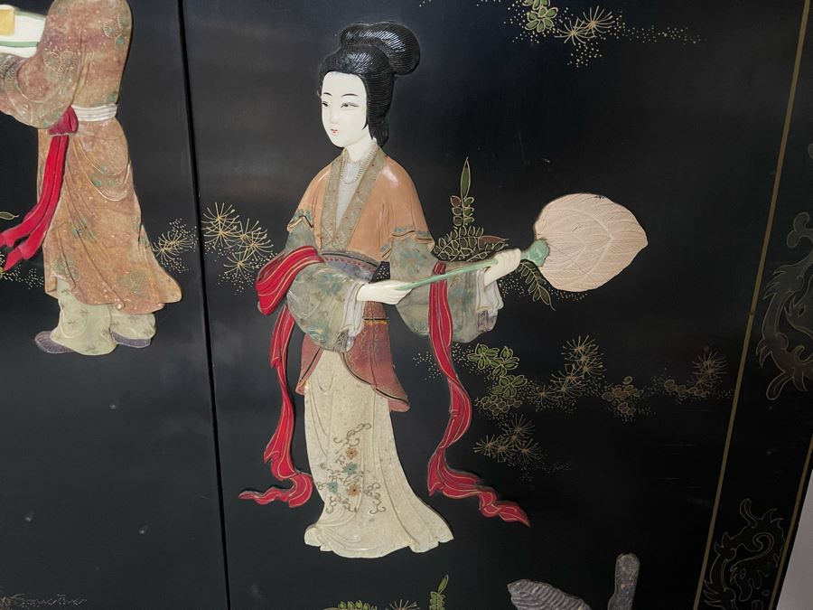 Large Chinese 6-Panel Wooden Screen With Relief Carved Semi-Precious Stones (Some Damage At Bottom / Panels Have Been Cut At Bottom) 96W X 58H - See Photos [Photo 10]