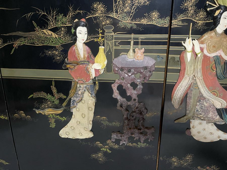 Large Chinese 6-Panel Wooden Screen With Relief Carved Semi-Precious Stones (Some Damage At Bottom / Panels Have Been Cut At Bottom) 96W X 58H - See Photos [Photo 12]