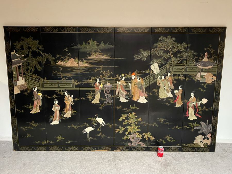 Large Chinese 6-Panel Wooden Screen With Relief Carved Semi-Precious Stones (Some Damage At Bottom / Panels Have Been Cut At Bottom) 96W X 58H - See Photos [Photo 35]