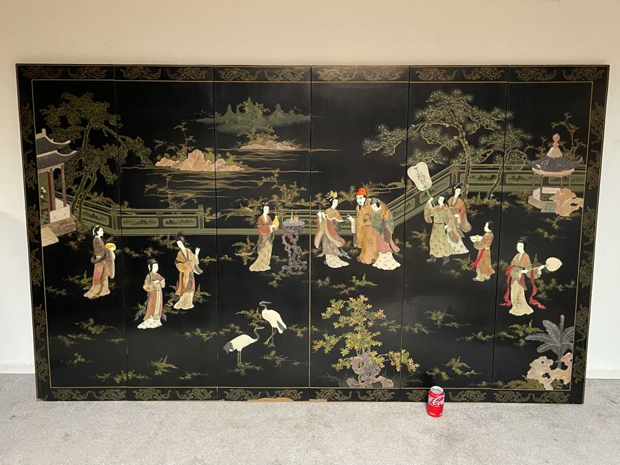 Large Chinese 6-Panel Wooden Screen With Relief Carved Semi-Precious Stones (Some Damage At Bottom / Panels Have Been Cut At Bottom) 96W X 58H - See Photos [Photo 37]