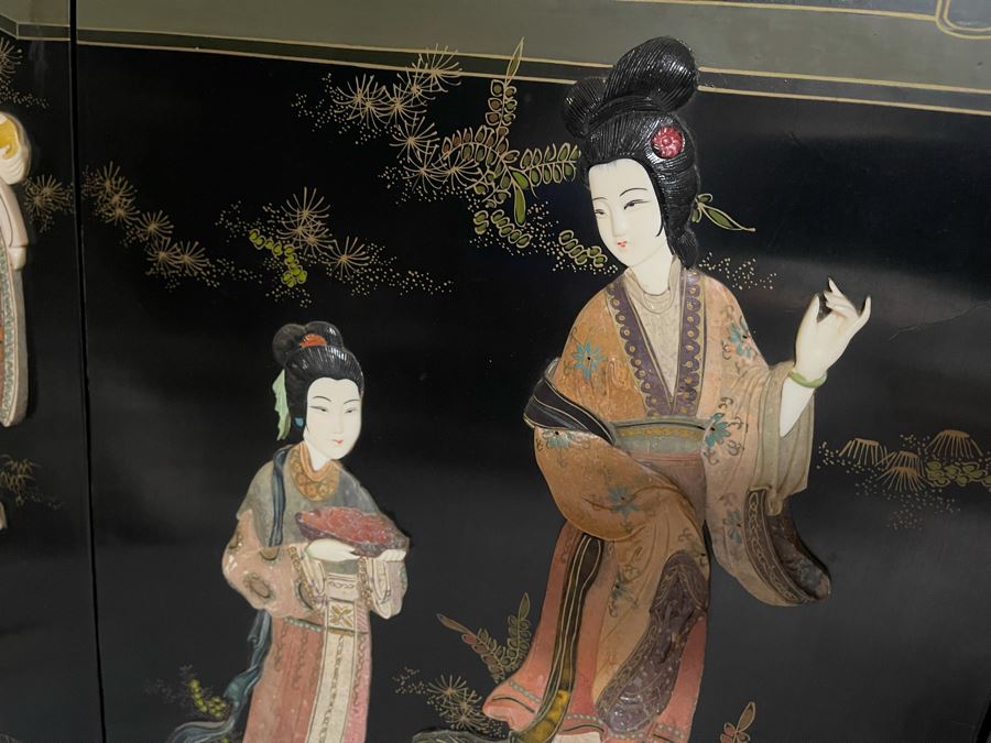 Large Chinese 6-Panel Wooden Screen With Relief Carved Semi-Precious Stones (Some Damage At Bottom / Panels Have Been Cut At Bottom) 96W X 58H - See Photos [Photo 16]