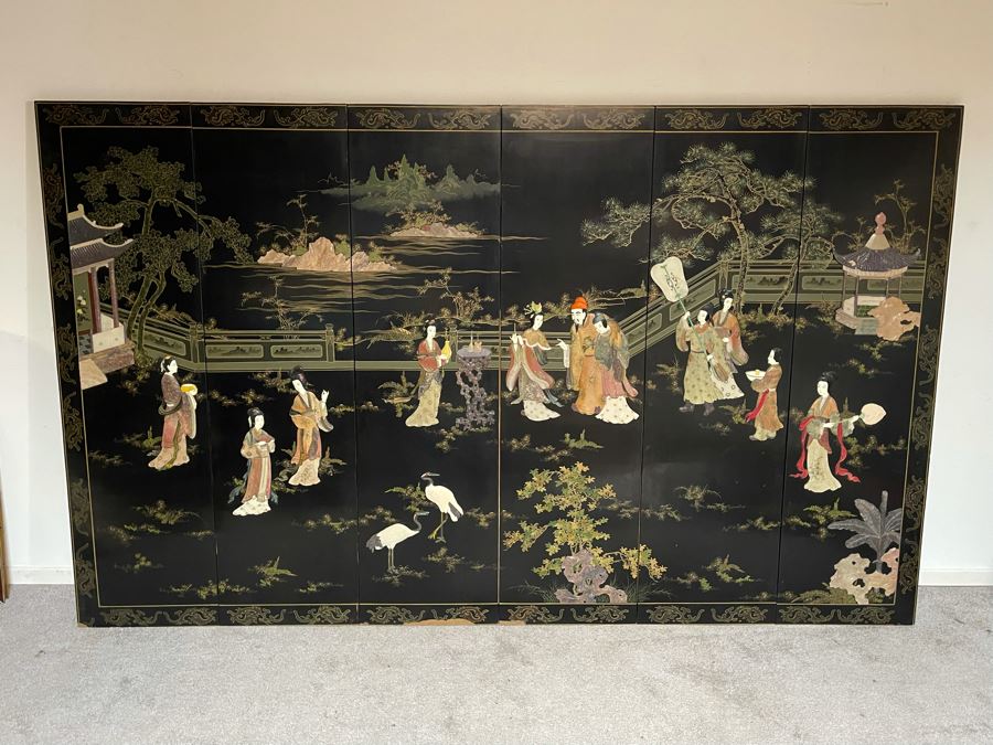 Large Chinese 6-Panel Wooden Screen With Relief Carved Semi-Precious Stones (Some Damage At Bottom / Panels Have Been Cut At Bottom) 96W X 58H - See Photos [Photo 2]