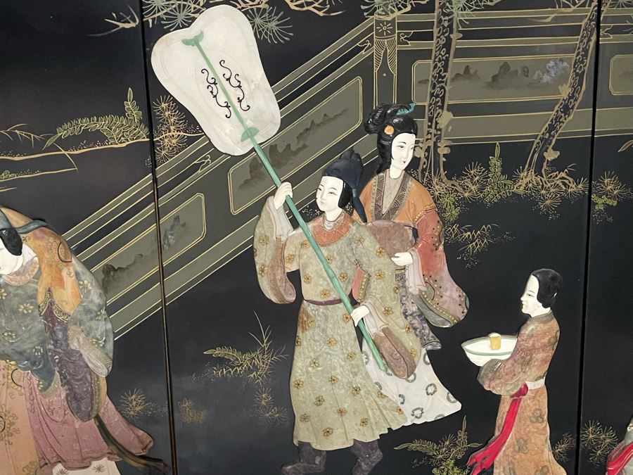 Large Chinese 6-Panel Wooden Screen With Relief Carved Semi-Precious Stones (Some Damage At Bottom / Panels Have Been Cut At Bottom) 96W X 58H - See Photos [Photo 7]