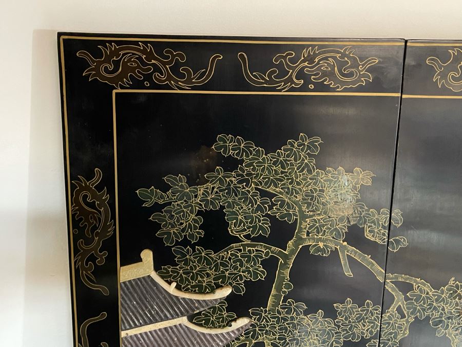 Large Chinese 6-Panel Wooden Screen With Relief Carved Semi-Precious Stones (Some Damage At Bottom / Panels Have Been Cut At Bottom) 96W X 58H - See Photos [Photo 20]