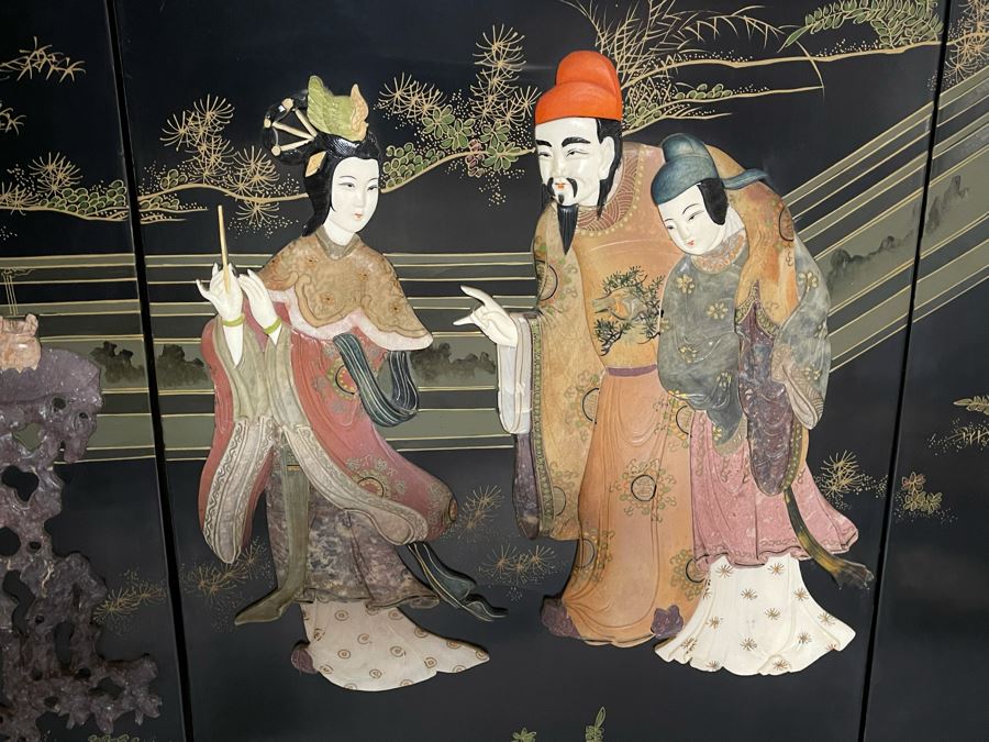 Large Chinese 6-Panel Wooden Screen With Relief Carved Semi-Precious Stones (Some Damage At Bottom / Panels Have Been Cut At Bottom) 96W X 58H - See Photos [Photo 5]