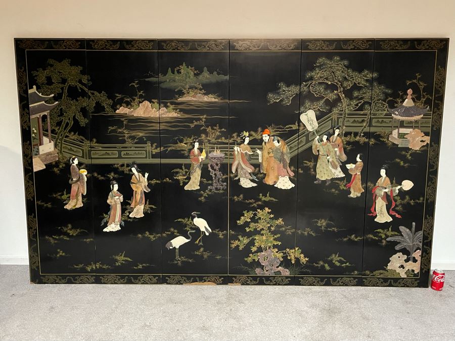 Large Chinese 6-Panel Wooden Screen With Relief Carved Semi-Precious Stones (Some Damage At Bottom / Panels Have Been Cut At Bottom) 96W X 58H - See Photos [Photo 38]