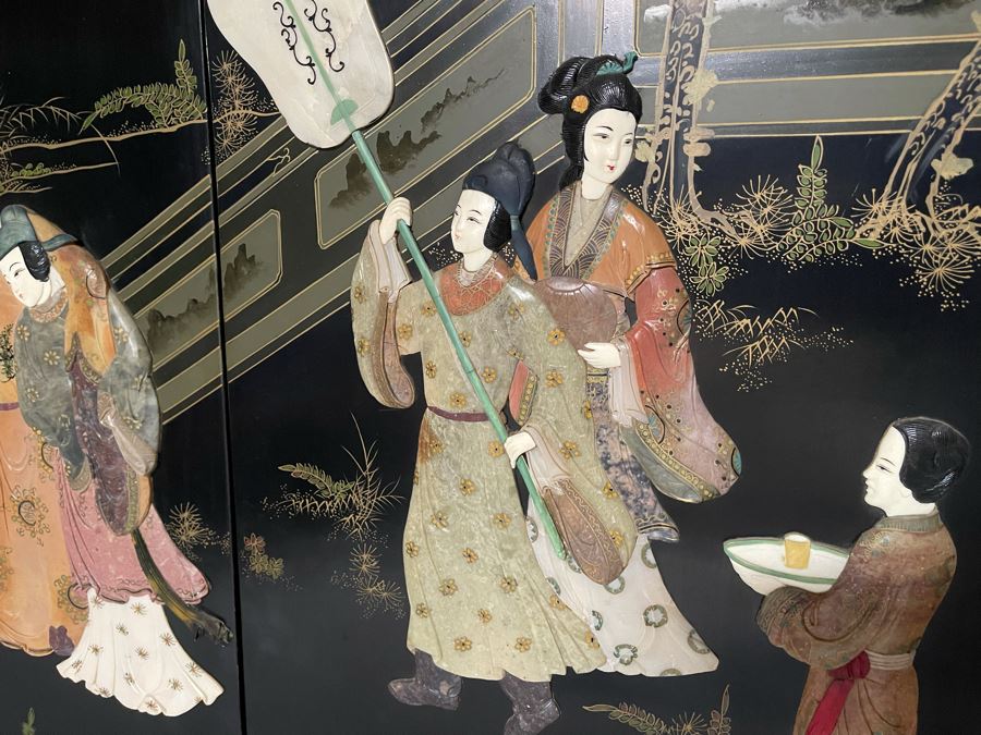 Large Chinese 6-Panel Wooden Screen With Relief Carved Semi-Precious Stones (Some Damage At Bottom / Panels Have Been Cut At Bottom) 96W X 58H - See Photos [Photo 8]