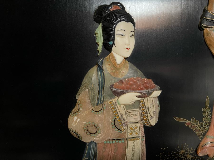 Large Chinese 6-Panel Wooden Screen With Relief Carved Semi-Precious Stones (Some Damage At Bottom / Panels Have Been Cut At Bottom) 96W X 58H - See Photos [Photo 29]