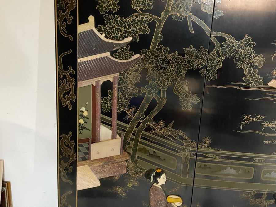 Large Chinese 6-Panel Wooden Screen With Relief Carved Semi-Precious Stones (Some Damage At Bottom / Panels Have Been Cut At Bottom) 96W X 58H - See Photos [Photo 18]