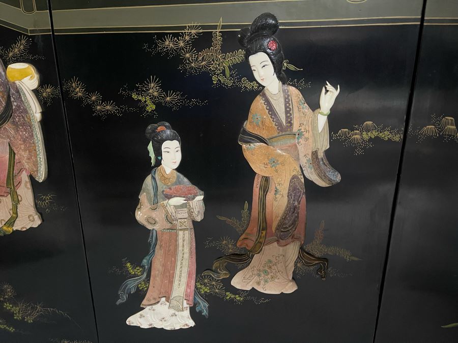 Large Chinese 6-Panel Wooden Screen With Relief Carved Semi-Precious Stones (Some Damage At Bottom / Panels Have Been Cut At Bottom) 96W X 58H - See Photos [Photo 15]