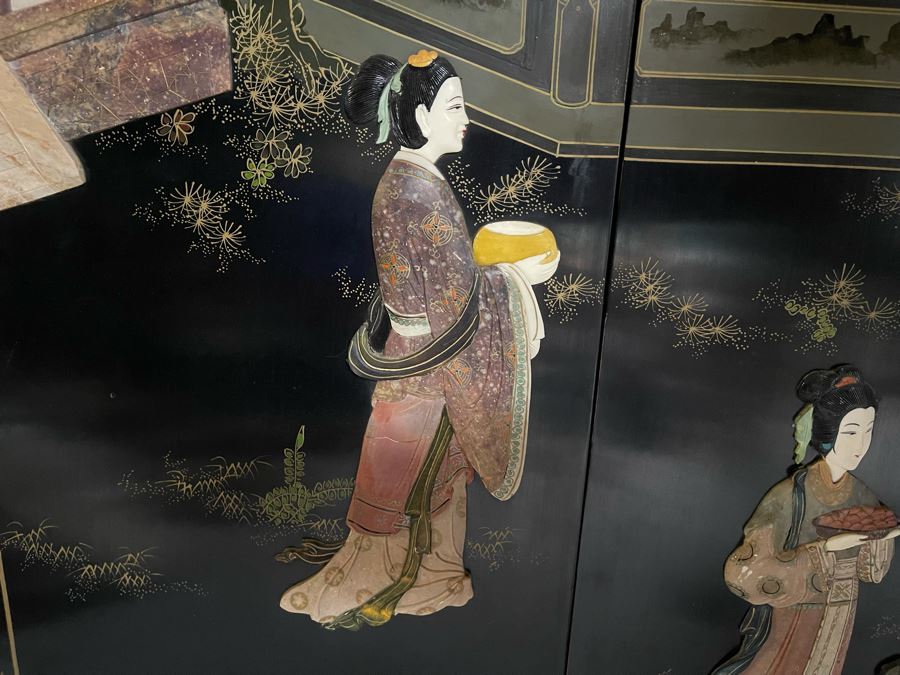 Large Chinese 6-Panel Wooden Screen With Relief Carved Semi-Precious Stones (Some Damage At Bottom / Panels Have Been Cut At Bottom) 96W X 58H - See Photos [Photo 17]