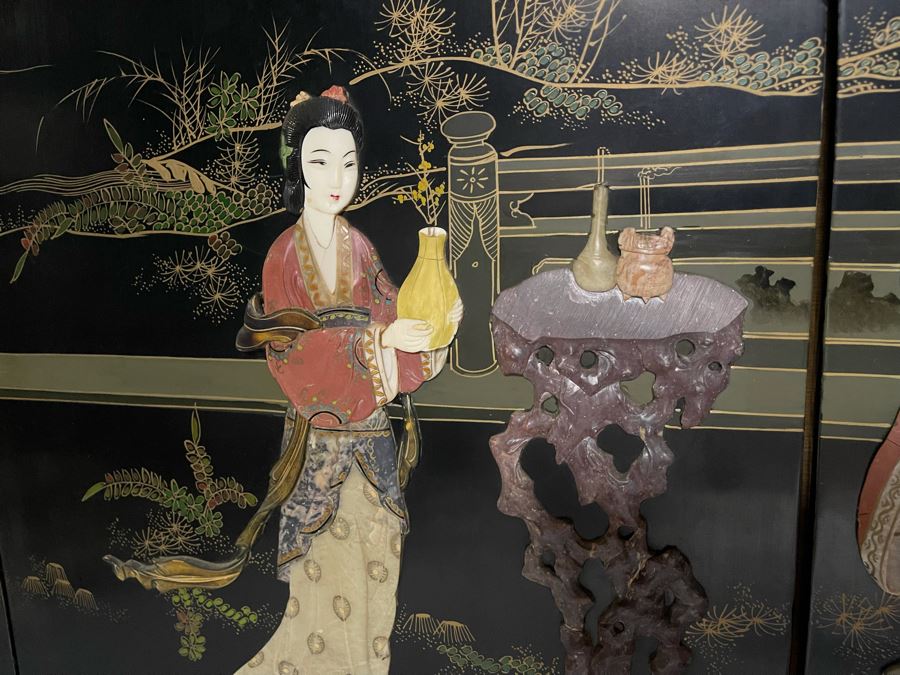 Large Chinese 6-Panel Wooden Screen With Relief Carved Semi-Precious Stones (Some Damage At Bottom / Panels Have Been Cut At Bottom) 96W X 58H - See Photos [Photo 13]