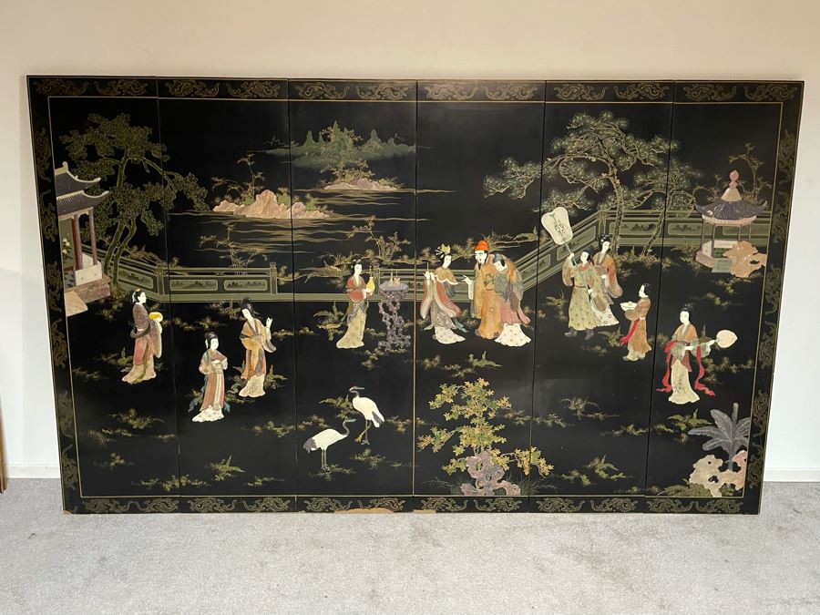 Large Chinese 6-Panel Wooden Screen With Relief Carved Semi-Precious Stones (Some Damage At Bottom / Panels Have Been Cut At Bottom) 96W X 58H - See Photos [Photo 3]