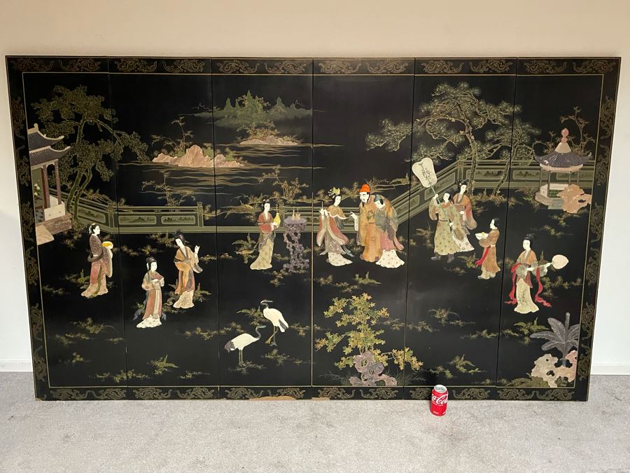 Large Chinese 6-Panel Wooden Screen With Relief Carved Semi-Precious Stones (Some Damage At Bottom / Panels Have Been Cut At Bottom) 96W X 58H - See Photos [Photo 36]